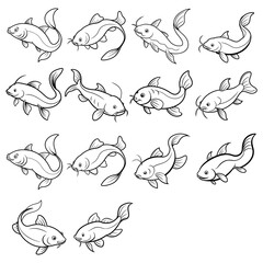 Fototapeta premium Cute catfish cartoon vector illustration set, fish line art icons for logo and design.