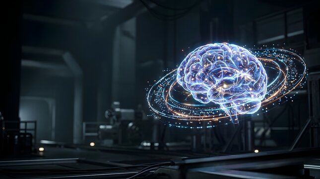 Glowing digital brain hologram floating in a dark laboratory for AI research