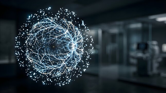 Glowing digital human eye retina anatomy model in modern medical clinic