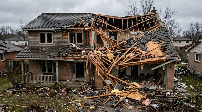 Severely damaged residential house exterior after a natural disaster with destruction disaster hurricane property collapse aftermath devastation accident emergency residential building