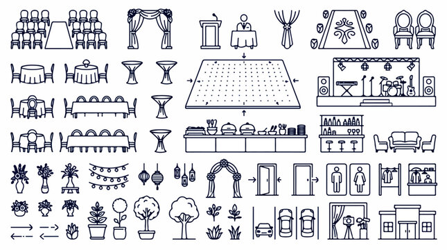 Event planning floor plan icons, wedding venue layout symbols, banquet and conference furniture vector set, party organization line art