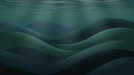 Obraz premium Abstract digital art depicting smooth, wavy layers in varying shades of dark green and blue, creating a serene underwater or oceanic effect.