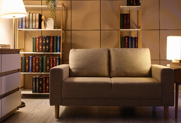 Cozy living room interior with comfortable sofa, warm lighting, and bookshelves filled with decorative books © Pixel-Shot
