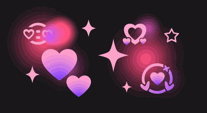 Vibrant Pink and Purple Hearts, Stars, and Abstract Shapes - Romantic & Playful Design Elements