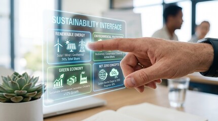 Fototapeta premium Hand interacting with futuristic virtual screen displaying sustainability and renewable energy concepts