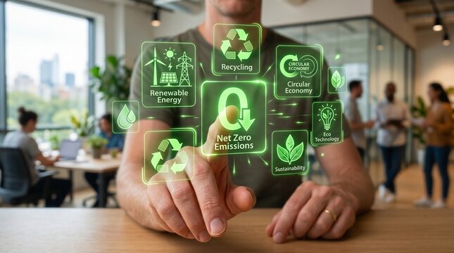 Man touching a digital screen displaying icons related to sustainability, renewable energy, recycling, and circular economy concepts for a net zero emissions future