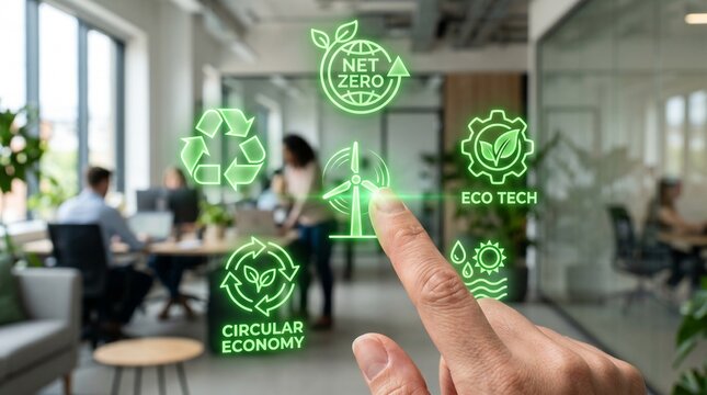 Business Professional Interacting With Sustainable Technology Dashboard Featuring Renewable Energy And Circular Economy Concept Graphics