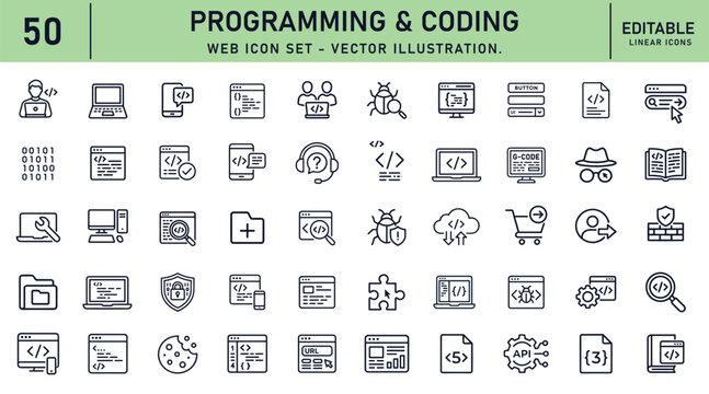Programming Coding icon set. Software development related line icons: source code, web programming, application development, coding tools, software engineering and more. Editable vector illustration.