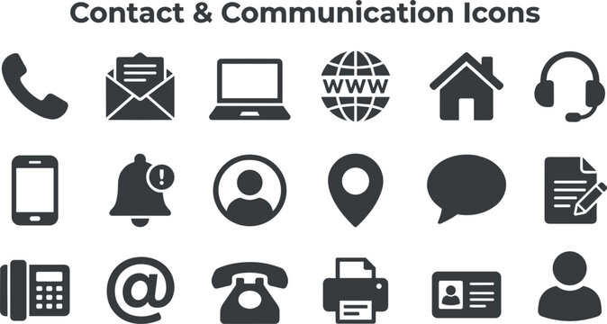 Contact Communication icon set. Business communication related icons: phone, email, address, website, location, contact information, customer support and more. Editable stroke. Vector illustration.