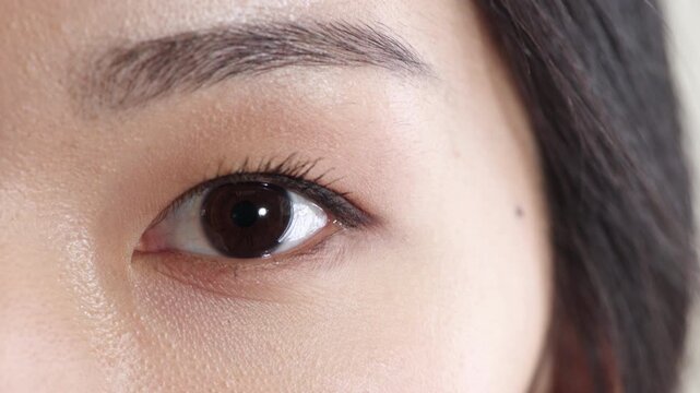 Optometry, face or eyes with assessment, closeup or glaucoma screening in vision examination. Portrait, blink or person with optical function, eyesight care or visual tracking for ocular wellness.