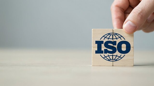 A close-up photo shows a hand placing a wooden block with the ISO logo on a table.