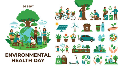 Fototapeta premium Environmental Health Day vector illustration set, sustainable lifestyle icons for 26 Sept, eco friendly people saving planet earth and nature
