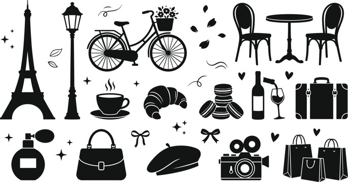 Paris Travel and French Culture Silhouette Vector Icon Set with Eiffel Tower Cafe Table Bicycle Croissant Macarons and Fashion Lifestyle Elements