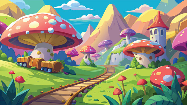 Whimsical mushroom village with a train on tracks during a vibrant sunny day in a fantasy landscape