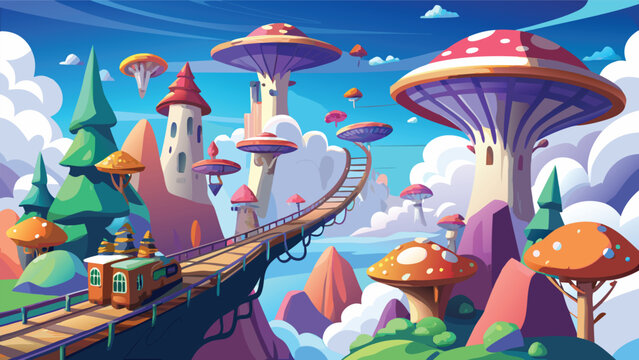 Whimsical mushroom village with a train traveling on a bridge during daytime with colorful clouds and sky fantasy concept vector illustration