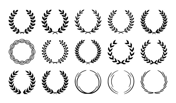 Minimalist geometric laurel wreath icon pack with modern black abstract leaf circles and luxury branding vector frames