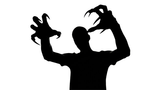 high-contrast, deep black silhouette of spectral, razor-clawed hands lunging toward the viewer from an overexposed white void, extreme close-up, inescapable horror concept