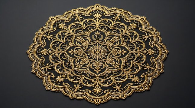 Ornate golden decorative doily with intricate floral patterns and a central emblem featuring a crown