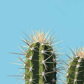 Detailed vector illustration of a green columnar cactus with sharp tan needles and white areoles, close-up view of succulent ribs against a clear bright blue sky in summer.