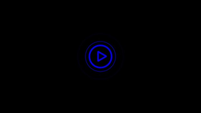 Blue Play Button Animation with Neon Media Control Interface and Digital Video Playback Symbol on Black Background 4k visuals