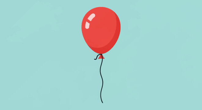 Minimalist vector illustration of a single red oval balloon with a black string and a white light reflection, isolated on a solid pale blue background for party or celebration themes.