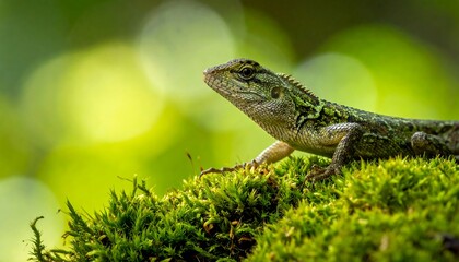 Fototapeta premium Close up of lizard resting on green moss with blurred natural background