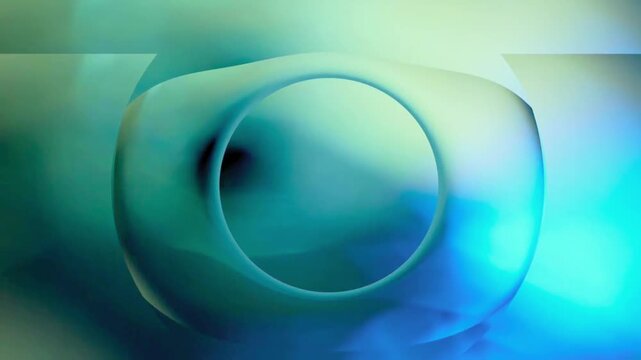 Abstract 3D geometric animation featuring a translucent glass sphere morphing on a blurry blue and green background