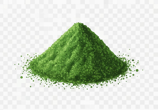 Mound of fine organic green chlorella algae powder, heap of dry spirulina or matcha superfood ingredient isolated on transparent background, granular dietary supplement illustration.