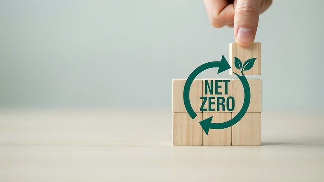 A hand placing a block on a stack of blocks with a green net zero logo on it.