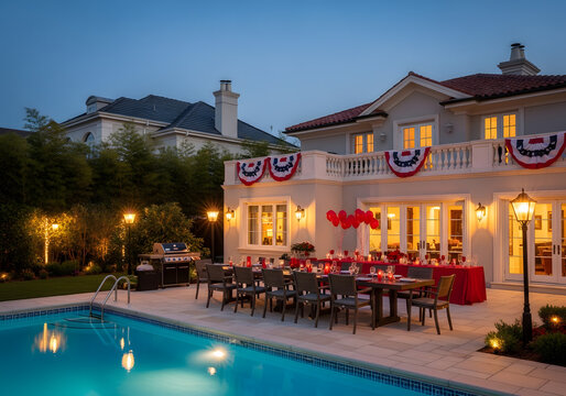 People gather around a festive table near a pool at a large house