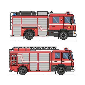 Two red fire engines illustrated in a side profile view, including a standard pumper truck and a ladder truck, featuring detailed utility compartments, wheels, and emergency sirens.