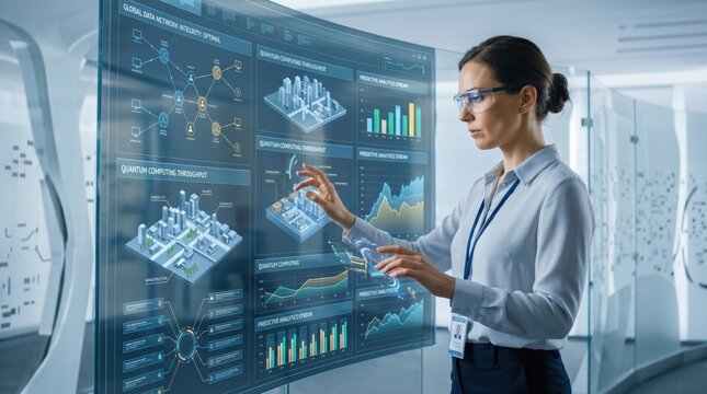 Professional woman analyzing big data on futuristic holographic interface, quantum computing concept, network security monitoring in high-tech digital office environment.