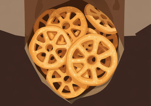Illustration of wheel-shaped fried wheat snacks inside an open brown paper bag. Golden brown crunchy crackers known as duros de harina, seen from a top-down view, salty Mexican snacks.