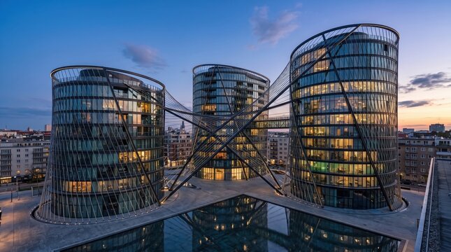 Modern cylindrical glass office buildings connected by skybridge at twilight, contemporary architecture exterior facade illuminated interior lights reflecting in water pool