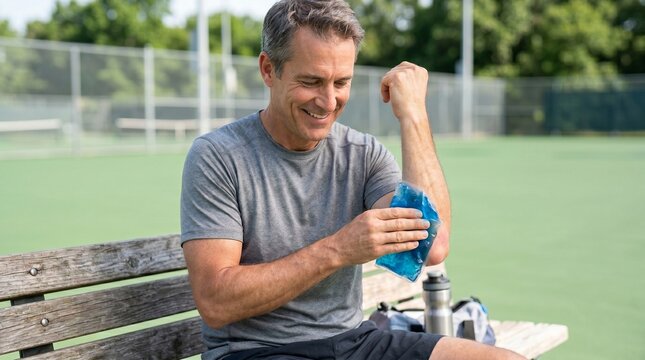 Elbow joint pain relief, Man using cold pack outdoors, Arthritis and sports recovery, Active lifestyle healthcare, Clean athletic scene