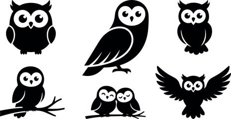 Fototapeta premium Black owl silhouette collection featuring cute cartoon characters flying sitting on branch and couple poses isolated on white background for creative design projects