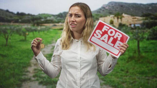 Woman holds keys aloft and a for sale sign, hand raised, standing before a building; confidence home sale.