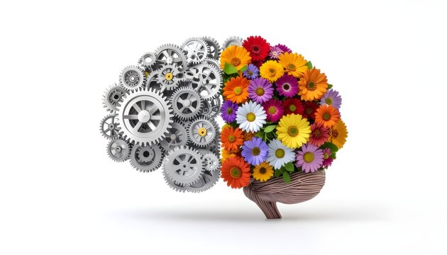 Human Brain Split Between Mechanical Gears and Colorful Flowers, Conceptual Image of Logic Versus Creativity, Left and Right Brain Balance