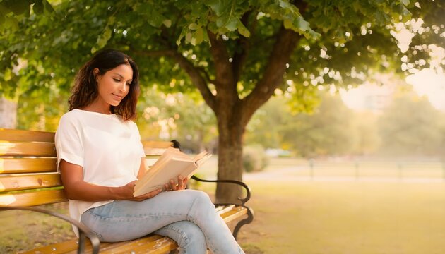 Mujer sentada en un banco del parque usando una tableta digital bajo un &aacute;rbol con luz c&aacute;lida natural
