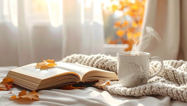 Libro abierto y taza humeante sobre una manta de punto junto a una ventana con luz c&aacute;lida de oto&ntilde;o
