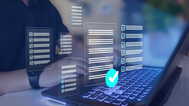Businessman using a laptop with digital checklist and document approval icons, representing online task management, workflow automation and project completion in modern business operations.