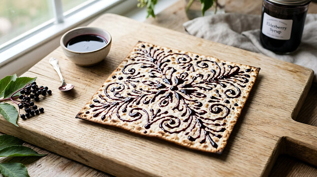 Artistically decorated matzah with elderberry syrup drizzle on a rustic wooden board