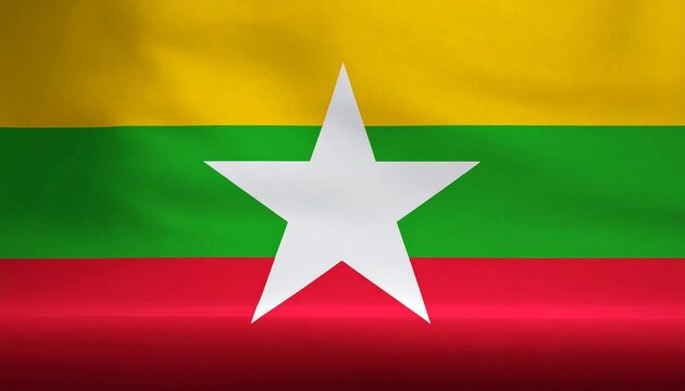 Flag of Myanmar with white star and yellow green red stripes.