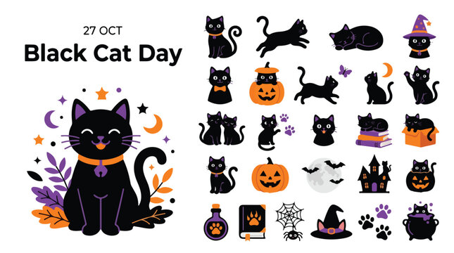 Black Cat Day vector collection, Halloween kitten icons with pumpkins and magic elements, spooky feline character set for October 27