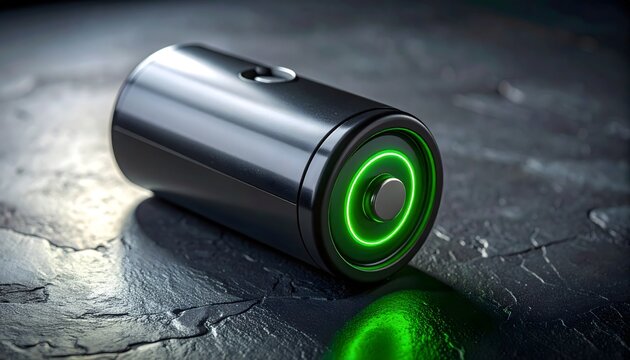 Bater&iacute;a cil&iacute;ndrica met&aacute;lica con indicador verde luminoso sobre superficie oscura como concepto de energ&iacute;a y tecnolog&iacute;a