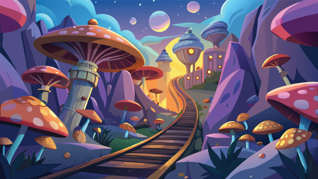 Whimsical Mushroom Village with Train Tracks During Sunset Vector Illustration