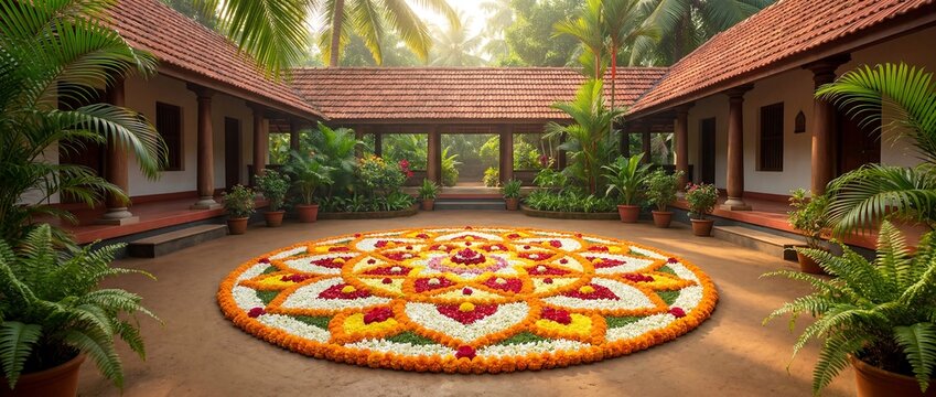 Traditional South Indian courtyard house with a vibrant floral rangoli (pookalam) in the center, surrounded by lush greenery and palm trees under a bright sky.