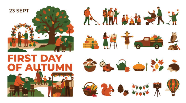 First Day of Autumn vector collection, 23 Sept fall season icons and scenes, flat autumn harvest festival elements with people and nature