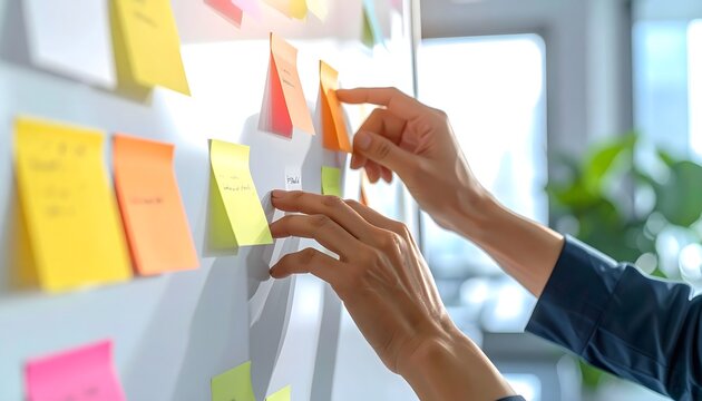 Manos colocando notas adhesivas de colores en una pared durante una sesi&oacute;n de planificaci&oacute;n creativa en oficina