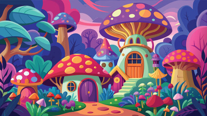 Fototapeta premium Whimsical mushroom village with vibrant fantasy forest and magical glowing fungi during twilight